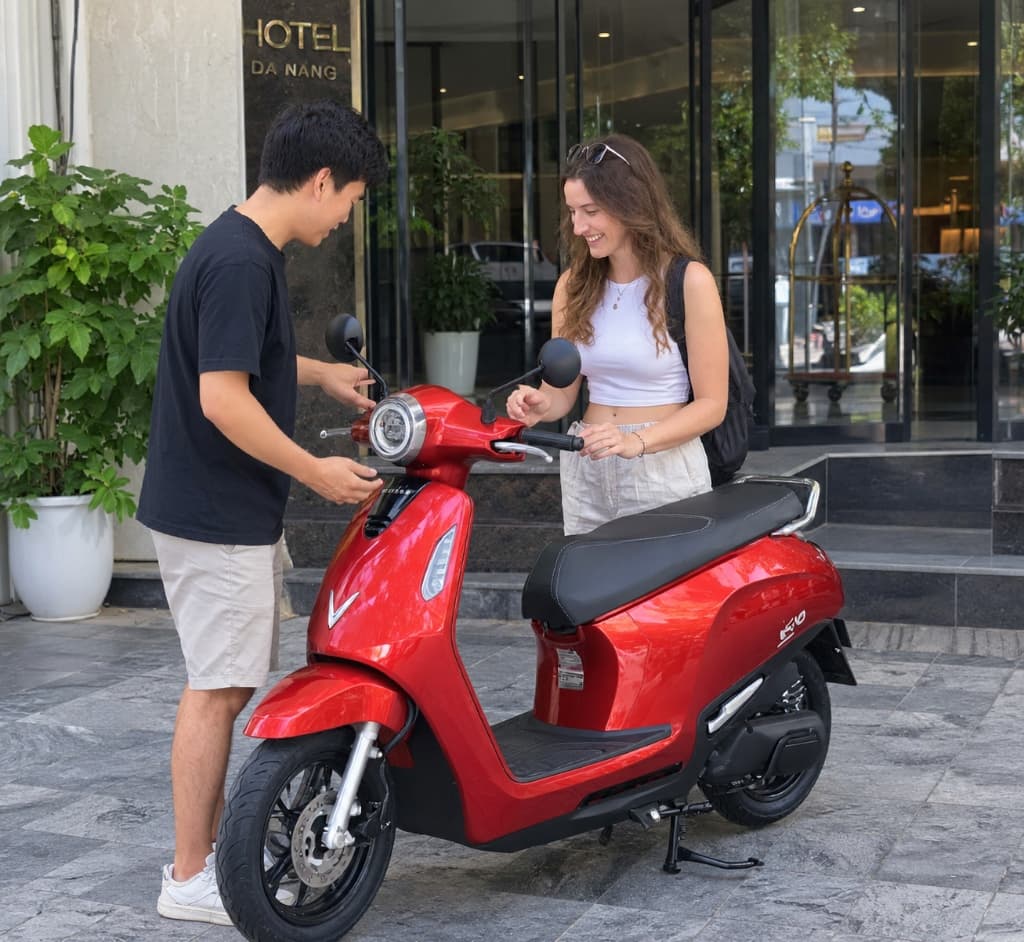 Bàn giao xe máy điện chu đáo trước sảnh khách sạn tại Đà Nẵng