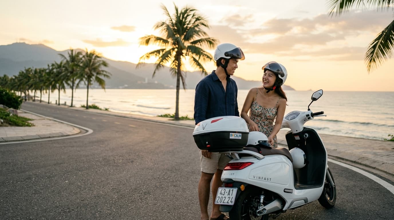 Khoảnh khắc thảnh thơi cùng xe máy điện VinFast tại bờ biển Đà Nẵng lúc hoàng hôn