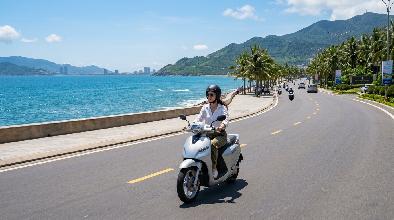Du khách chạy xe máy điện VinFast trên cung đường ven biển Đà Nẵng đi Hội An