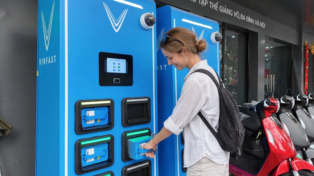 Du khách đổi pin xe máy điện VinFast tại trạm V-GREEN trên cung đường Đà Nẵng Hội An