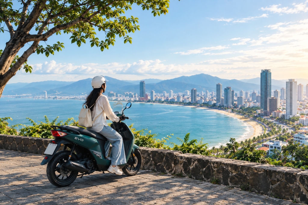 Du khách chạy xe máy điện VinFast ngắm toàn cảnh bờ biển Đà Nẵng từ bán đảo Sơn Trà vào ngày tạnh ráo tháng 10
